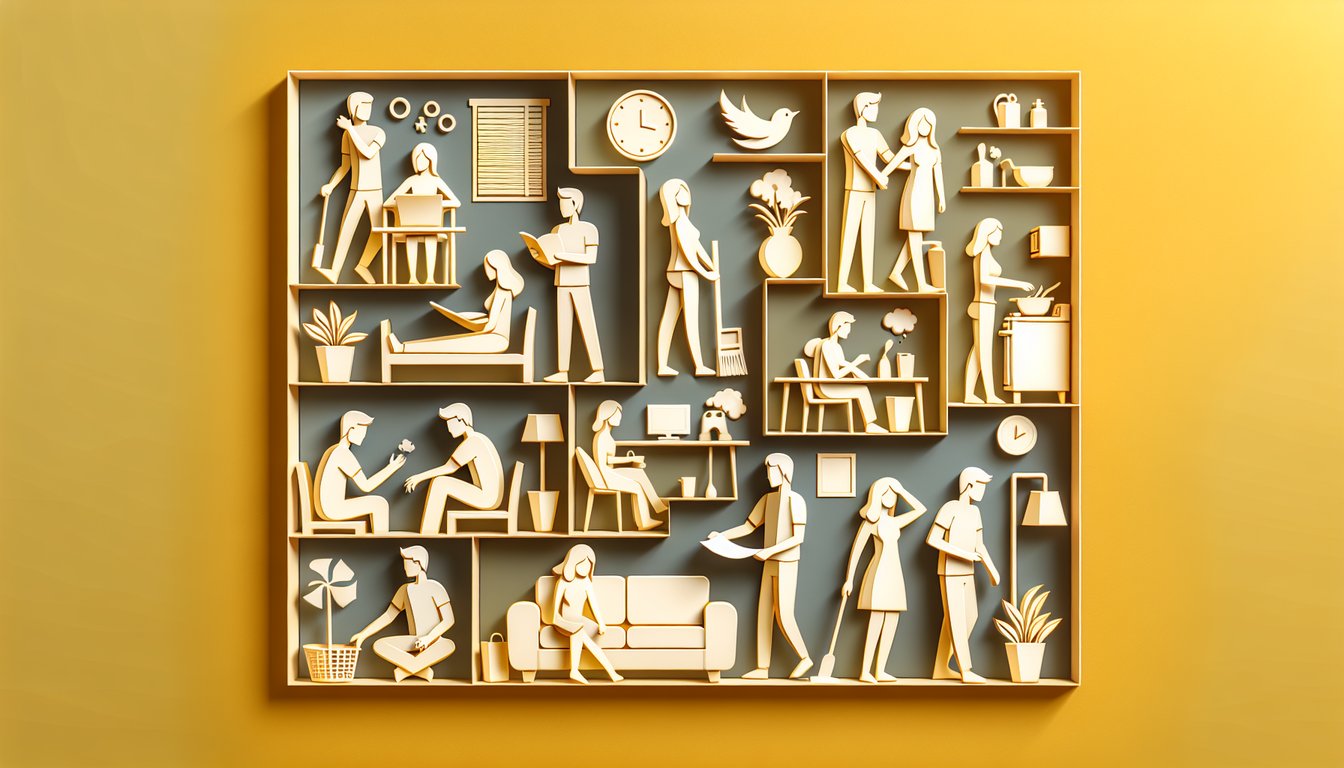 Paper art illustration for a fun roommate personality quiz on a golden yellow background