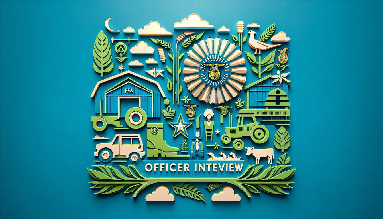 Paper art illustration FFA officer interview quiz on teal background challenge key questions boost confidence ace interview