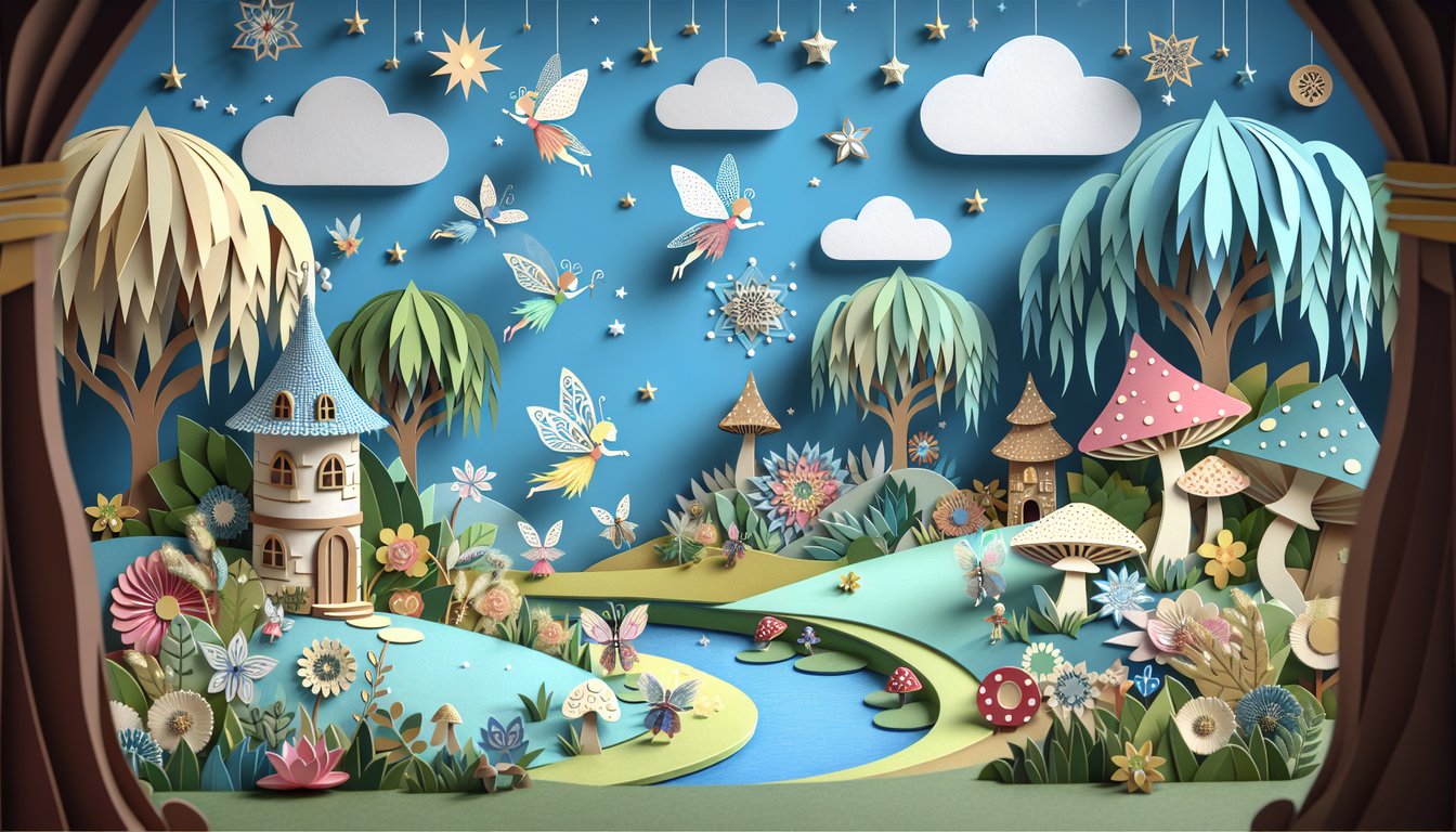 Paper art illustration for a fairy-themed quiz on a sky blue background