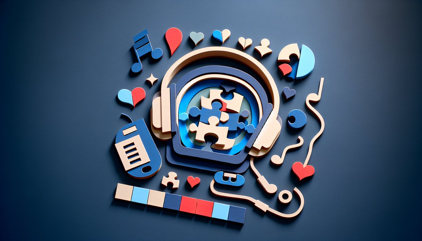 Paper art illustration showing paper guitar headphones and quiz text for Ed Sheeran personality test on dark blue background