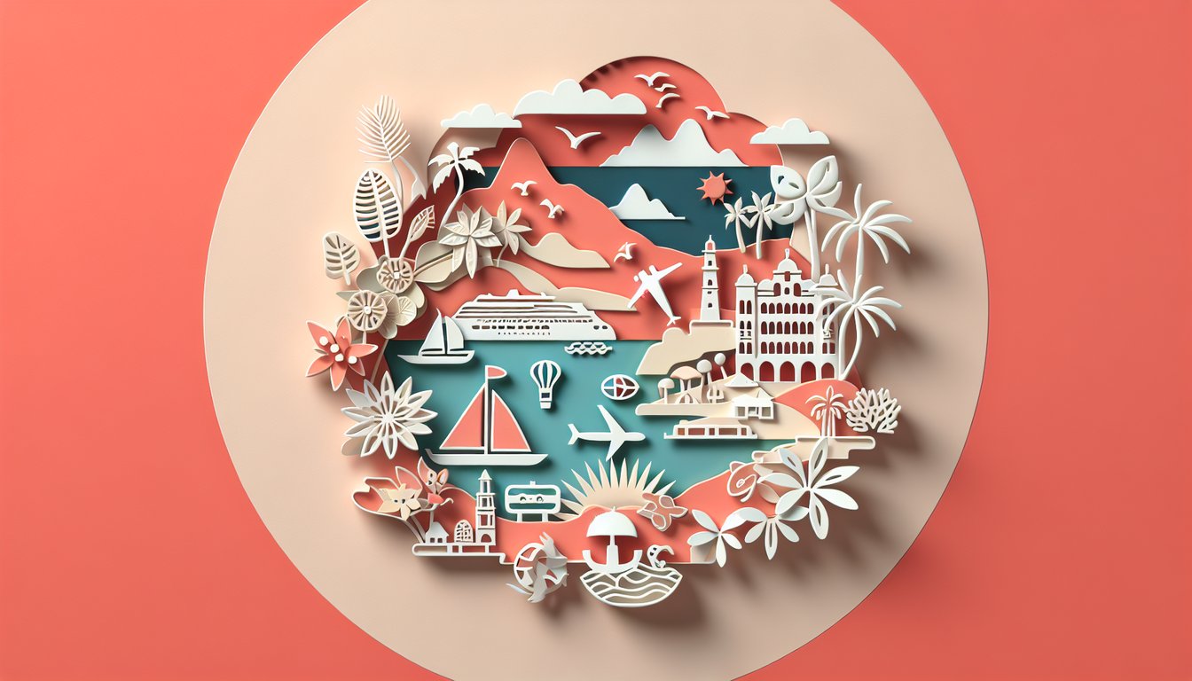 paper art tropical scene with palm tree hibiscus flower flyer for travel style quiz on coral background.
