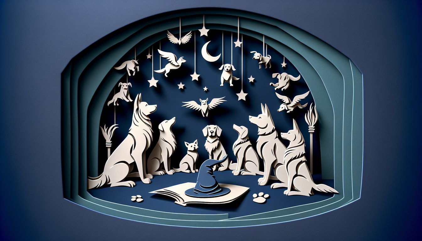 Paper art dog wearing wizard hat on dark blue background with free dog sorting hat quiz text and Hogwarts house prompt
