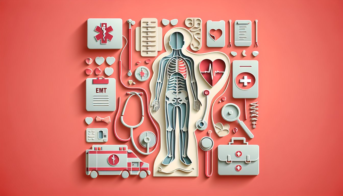 Paper art illustration for EMT anatomy quiz on a coral background