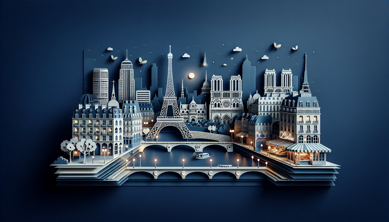 Paper art illustration of Paris landmarks, Eiffel Tower Arc de Triomphe Notre Dame quiz icons on dark blue background