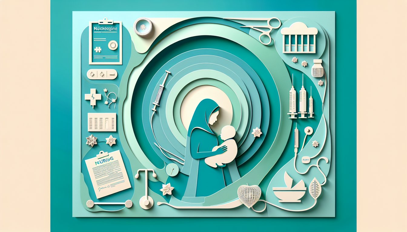 Teal background with paper art of pregnant belly clock quiz cards baby icon stethoscope for maternal child health quiz