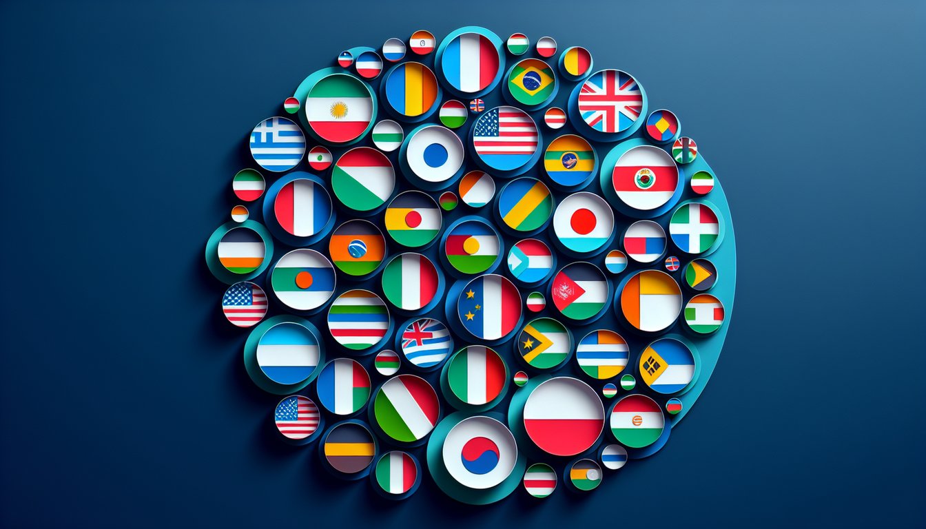 Paper cutout globe and flags on dark blue background quiz on nationalities in Spanish challenge naming countries and demonyms