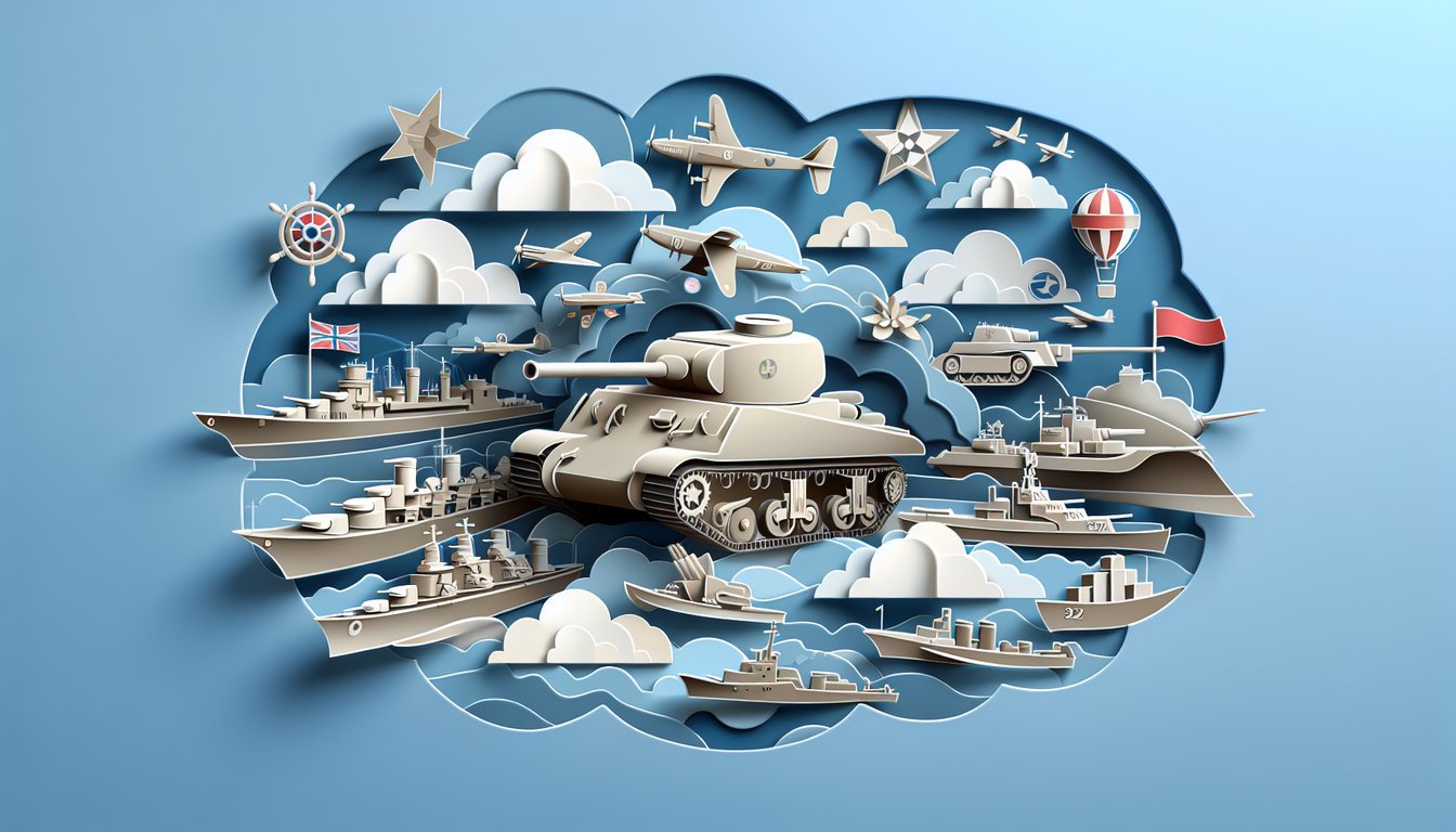 Paper cut style collage of WW2 quiz theme with airplanes, national flags, medals on a sky blue background