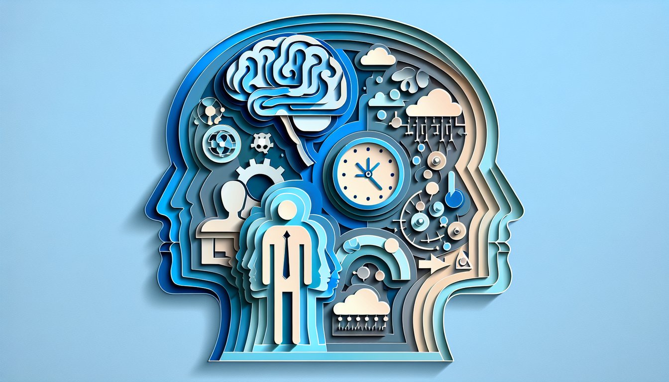 Paper art brain puzzle above open notebook and quiz cards on sky blue background