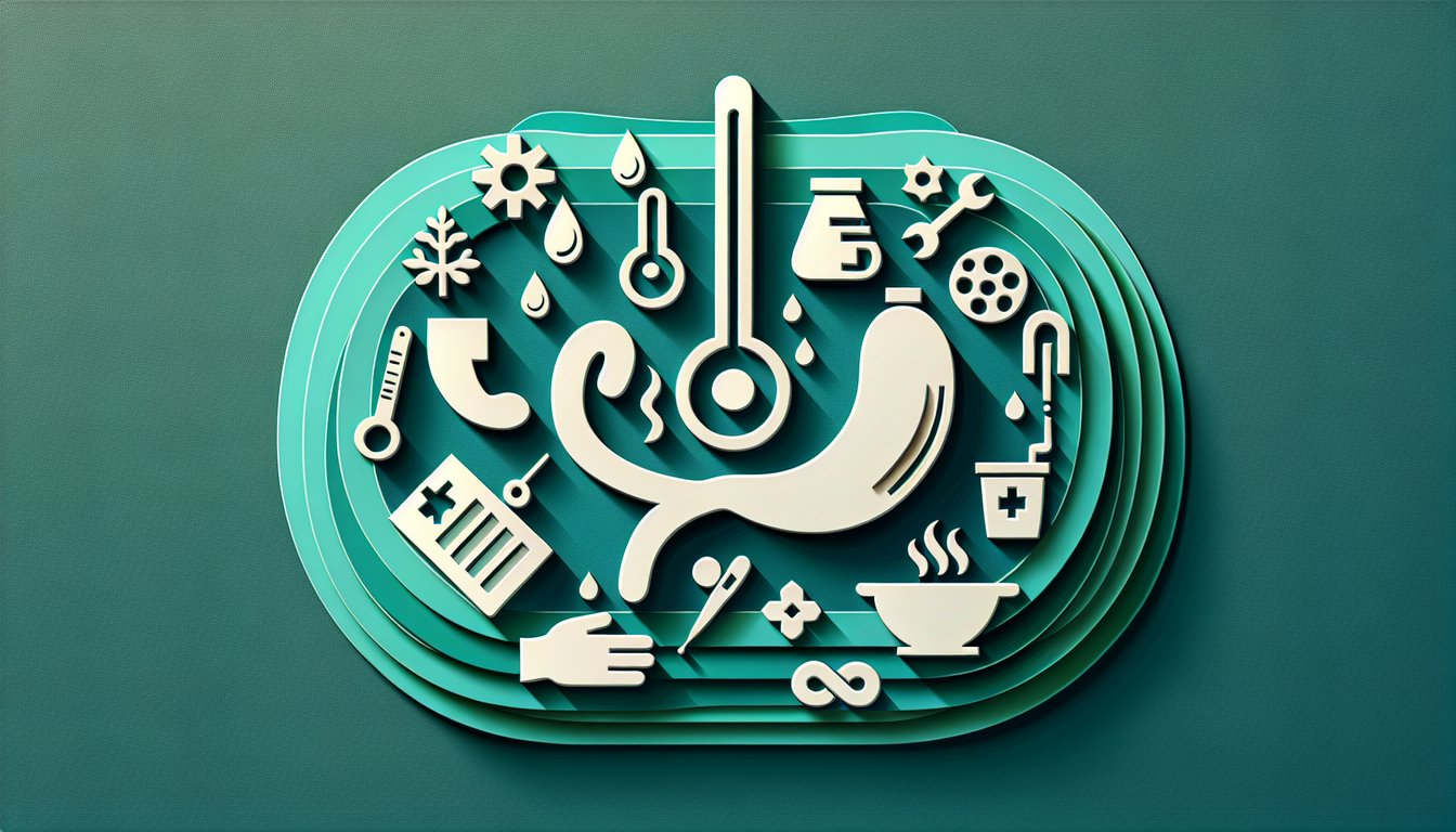 Paper cut illustration showing stomach virus icon checklist and question mark on teal background for food poisoning quiz