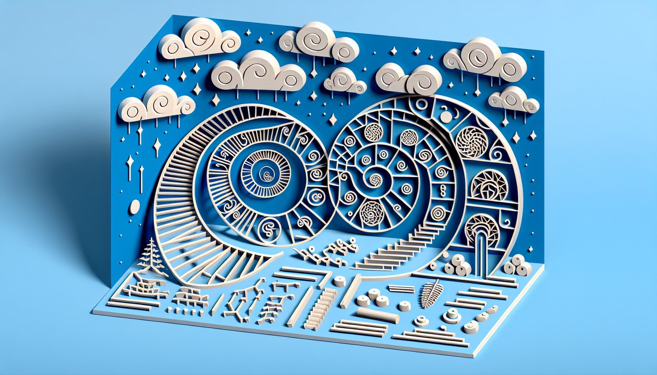 paper cut illustration of layered nim sticks in fibonacci sequence on sky blue background for strategy quiz