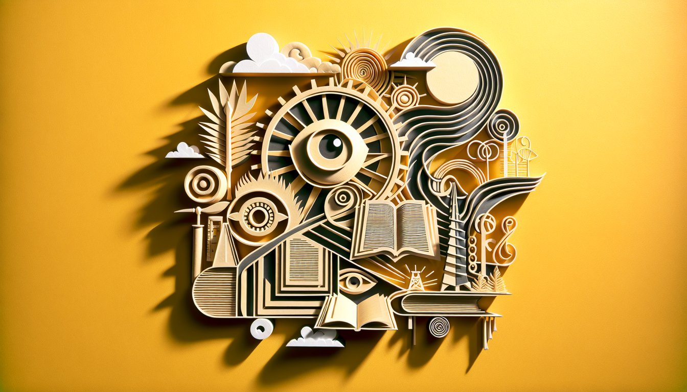 Paper art cutout banner for Harrison Bergeron quiz on golden yellow background with stylized text and decorative elements