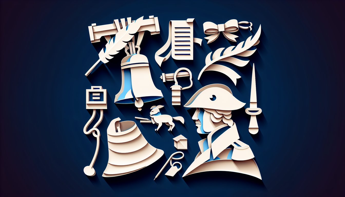 Paper art montage of liberty bell eagle Washington Lincoln on dark blue background for American history quiz