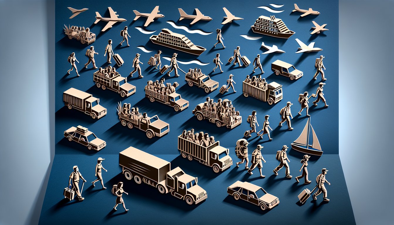 Paper art illustration showing migration movie character shapes and quiz symbols on dark blue background