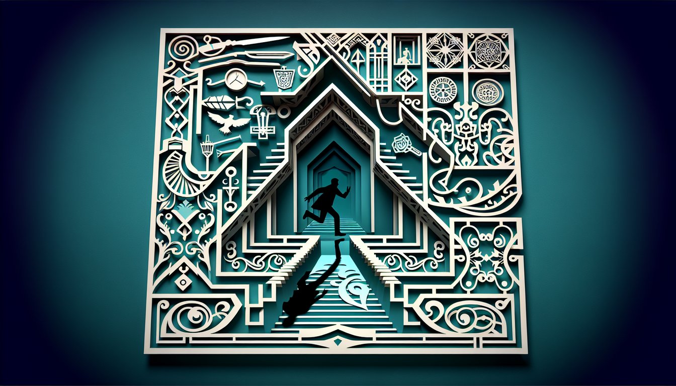 Paper art of magnifying glass book puzzle pieces and cryptic codes on teal background for a Da Vinci Code trivia quiz theme