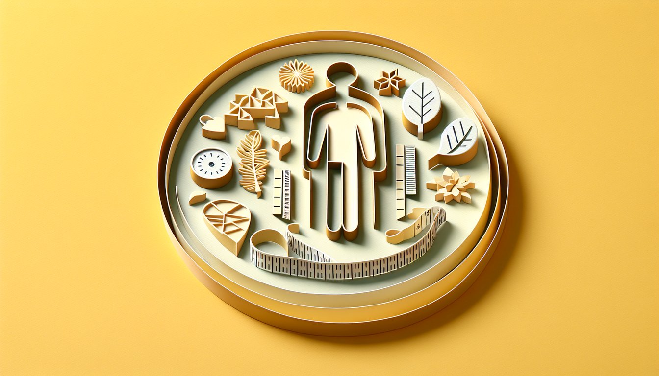 Paper art illustration for Am I Skinny quiz with key body indicators on a golden yellow background