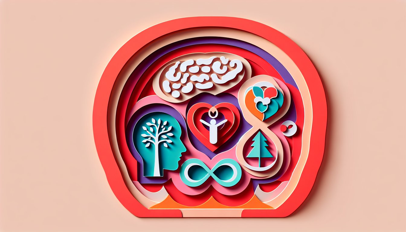 Paper art illustration for personality quiz on a coral background