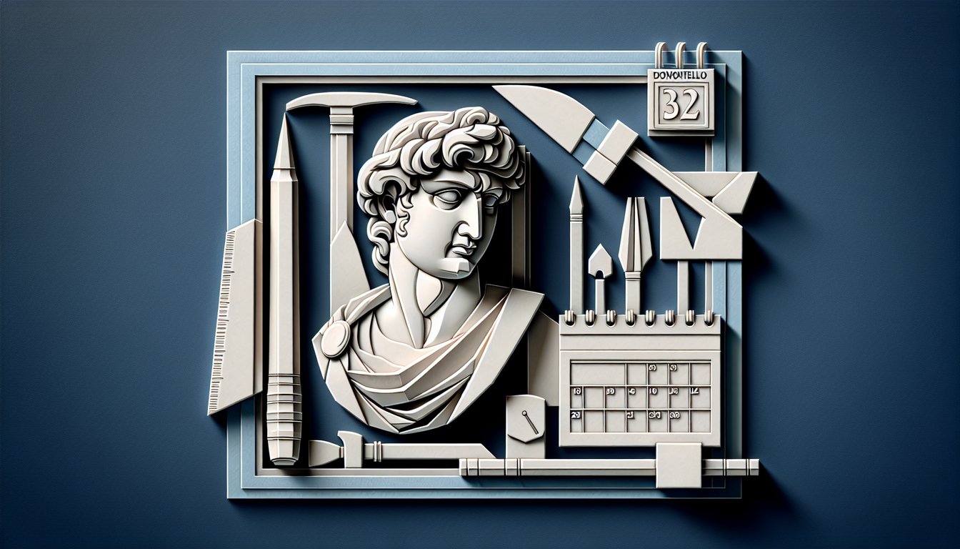 Paper cutout silhouette of Donatello bust and text callout for quiz on birth date and masterpieces on dark blue background