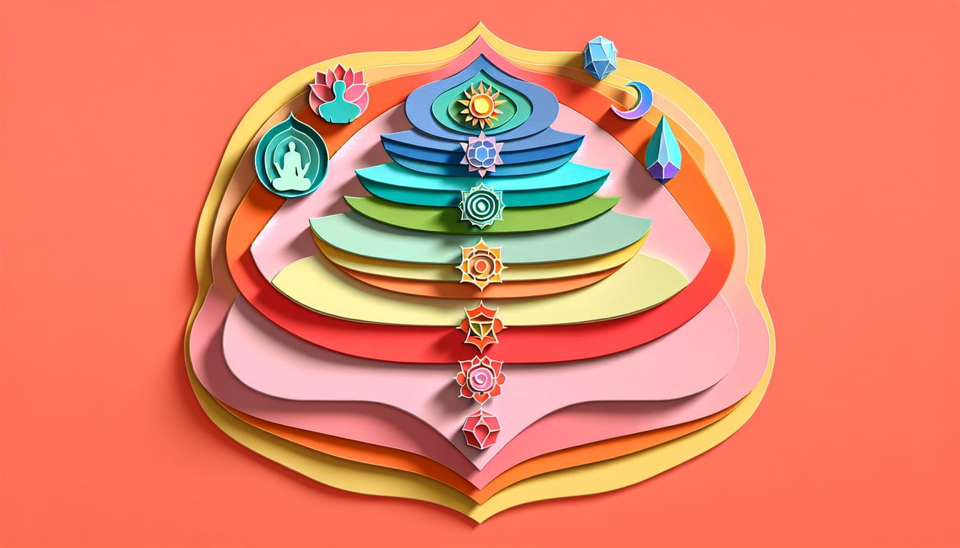 Layered paper art silhouette in lotus pose, seven chakra shapes aligned on spine, coral background