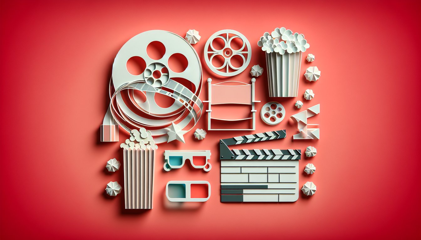 Paper art film reel clapperboard popcorn and question mark on coral background for blockbuster trivia quiz.