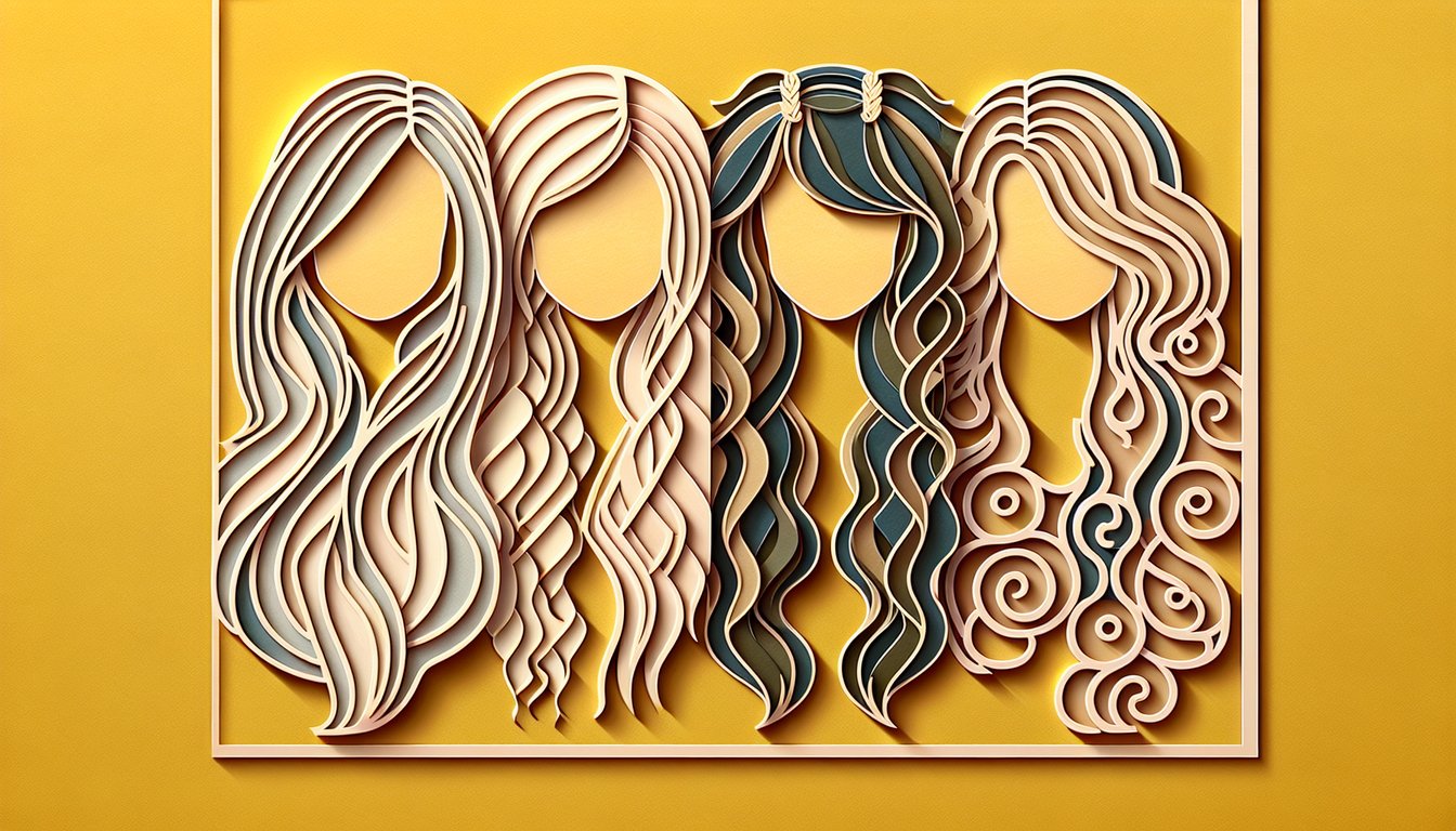 Paper art illustration for hair type quiz with care tips on a golden yellow background