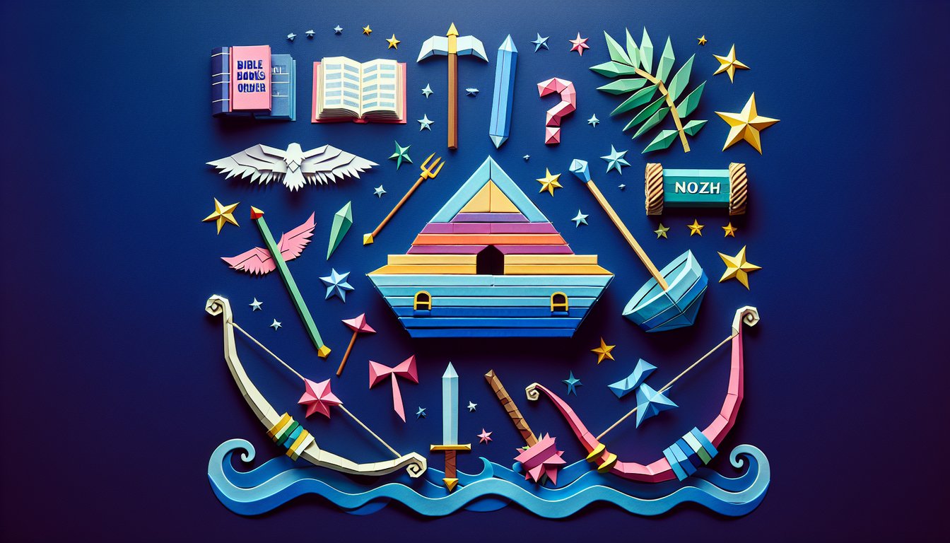 Colorful paper art depicting a Bible books order quiz.