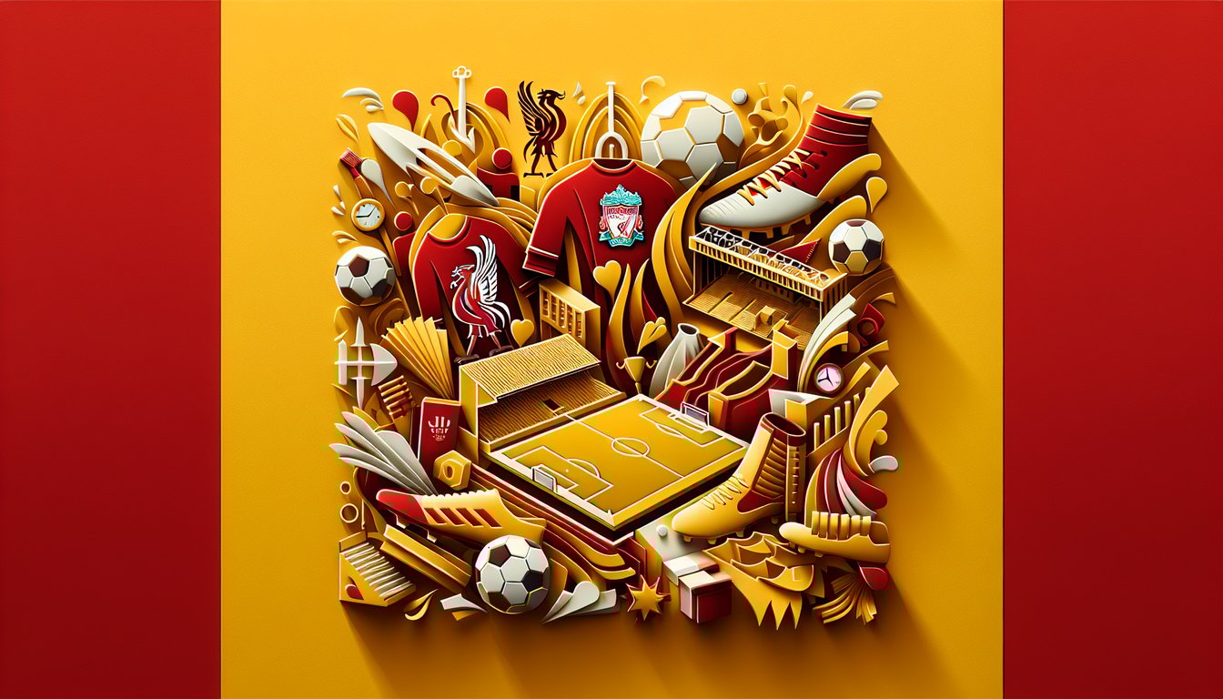 Paper art illustration with soccer ball, Liverpool crest, quiz symbols on golden yellow background