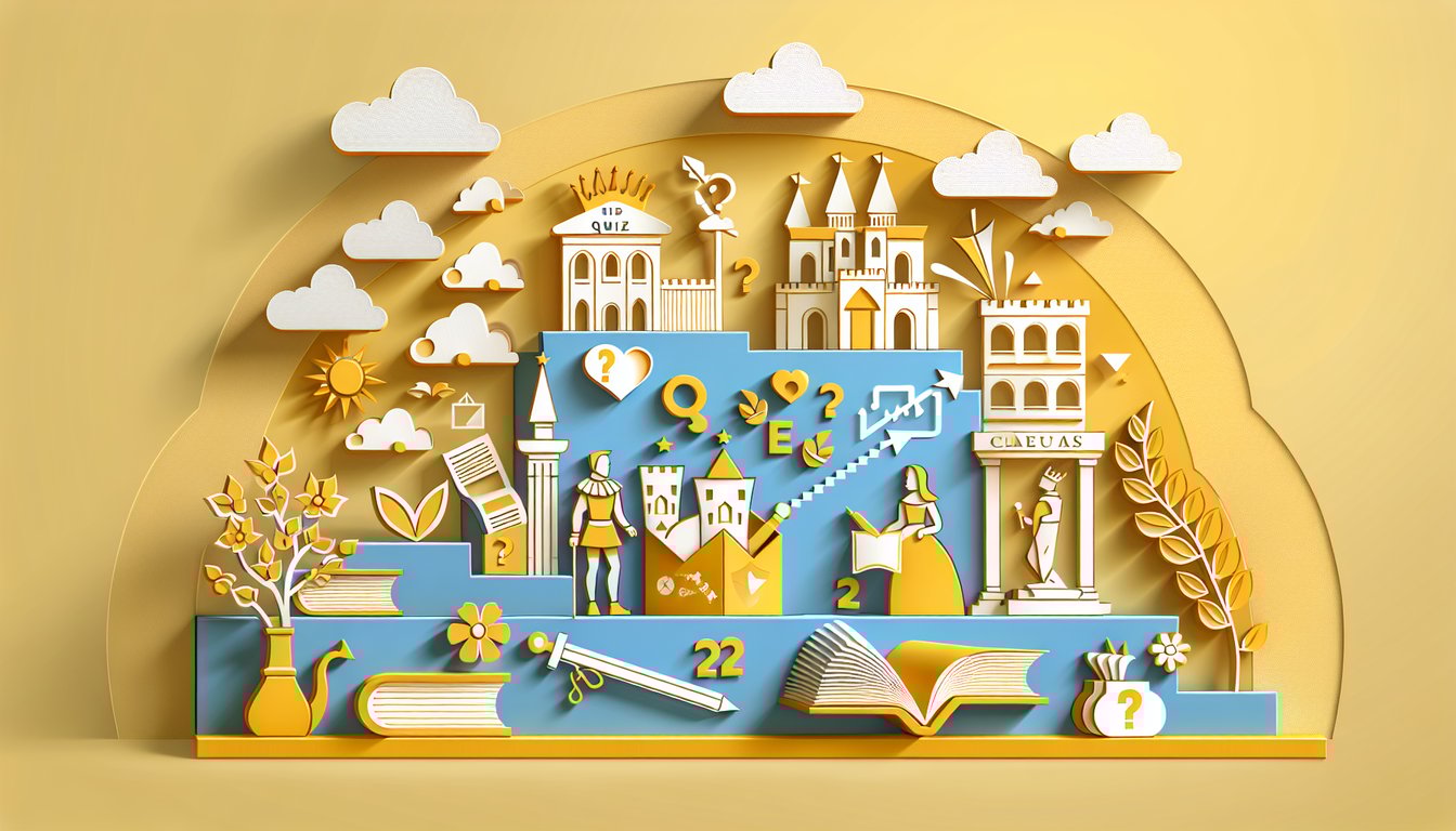 Paper art illustration for Hamlet Act 4 quiz on a golden yellow background
