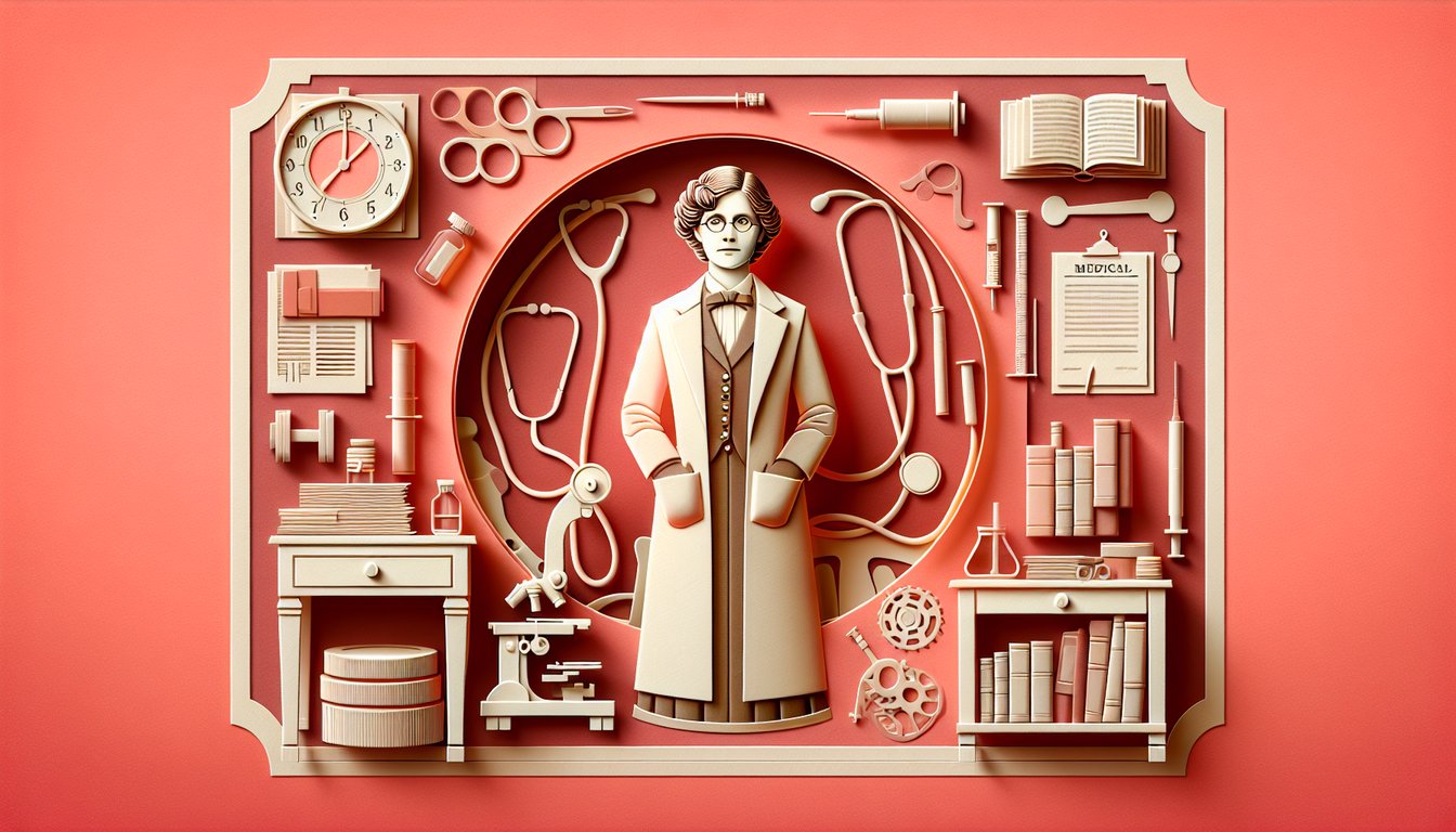 Paper art style portrait of Elizabeth Blackwell with quiz title on coral background