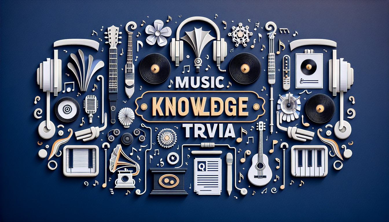 Colorful paper art depicting elements of music for a Music Knowledge Trivia Quiz.