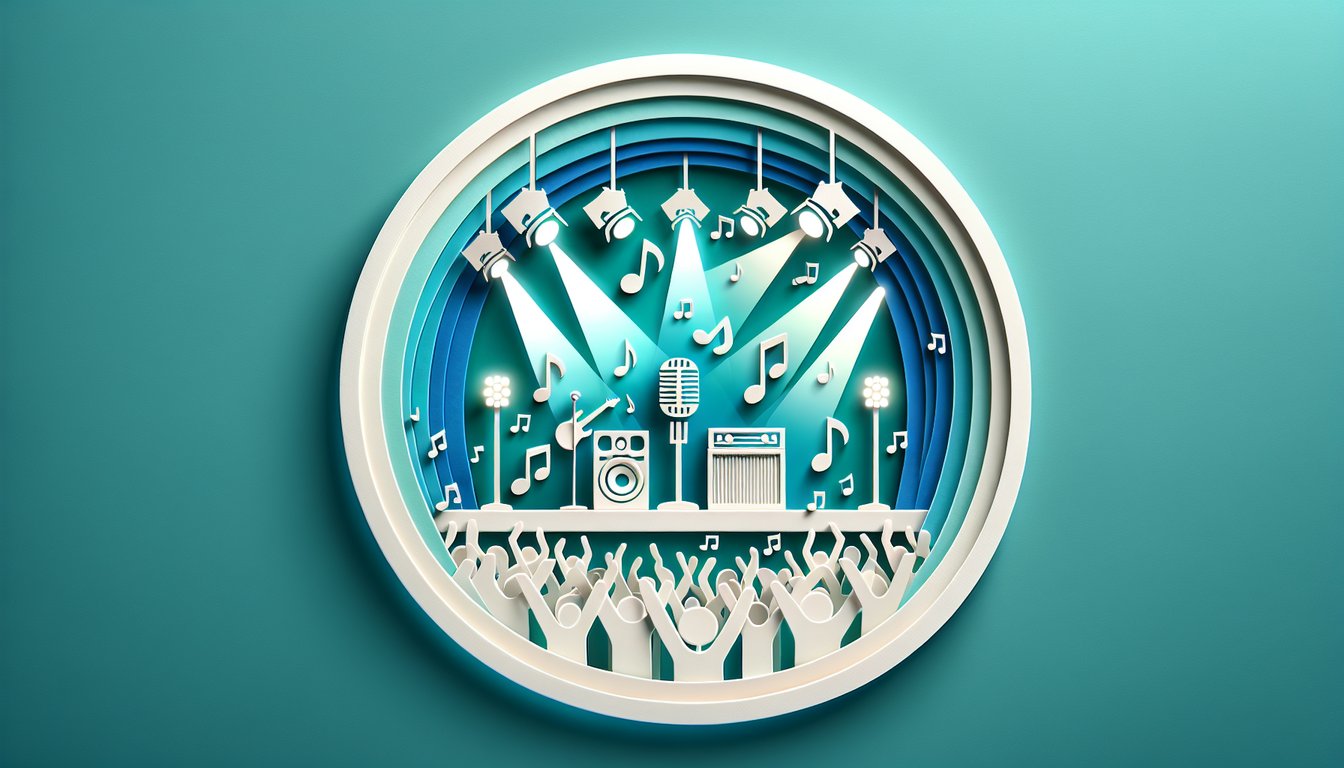 Paper art illustration of Ariana Grande quiz theme on teal background with musical notes, hearts, paper cut style