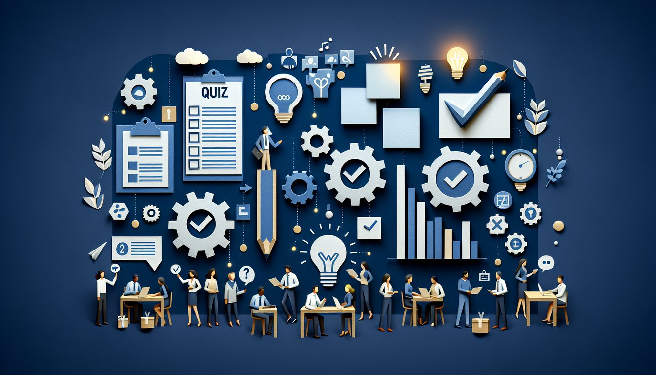 Colorful paper art depicting elements of a Sales Team Product Knowledge Quiz