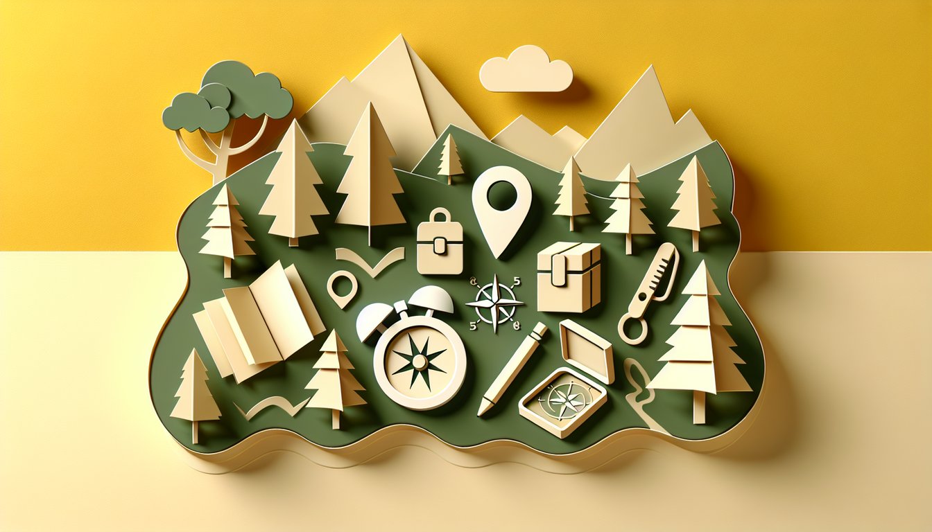 Paper art illustration for geocaching quiz featuring map compass logbook on golden yellow background