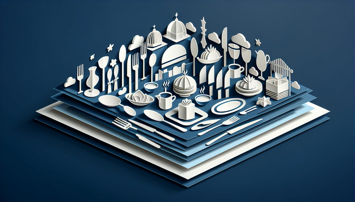 Paper art showing table setting with serving tray on dark blue background American French Russian English buffet service quiz