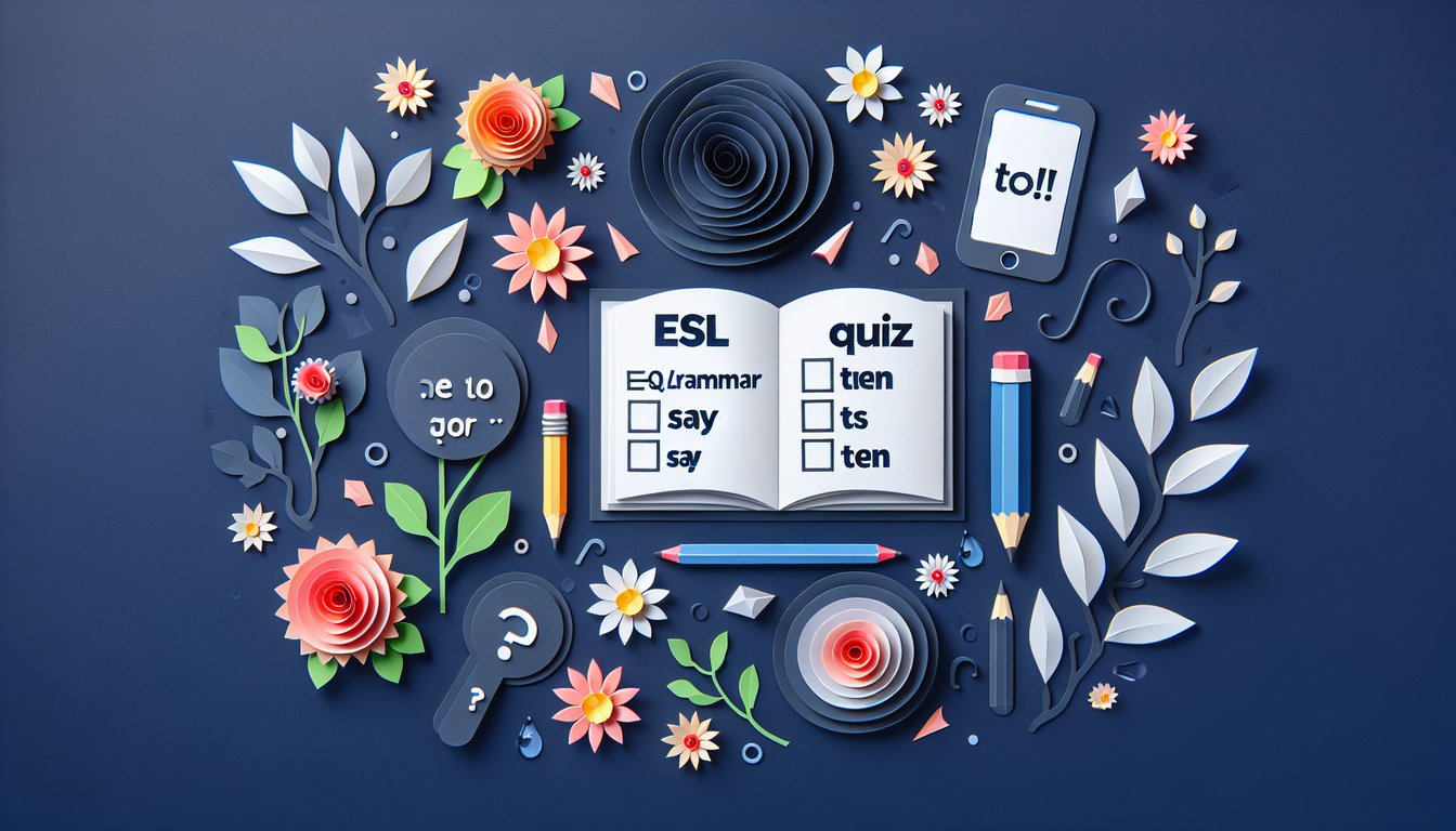 Colorful paper art promoting an ESL Grammar Quiz on the usage of Say vs Tell