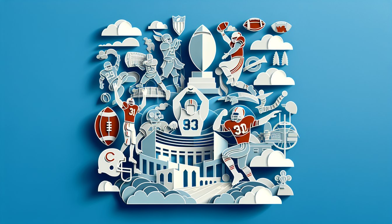 Paper art illustration for Marshall Thundering Herd football quiz on sky blue background with helmet, football, book, trophy