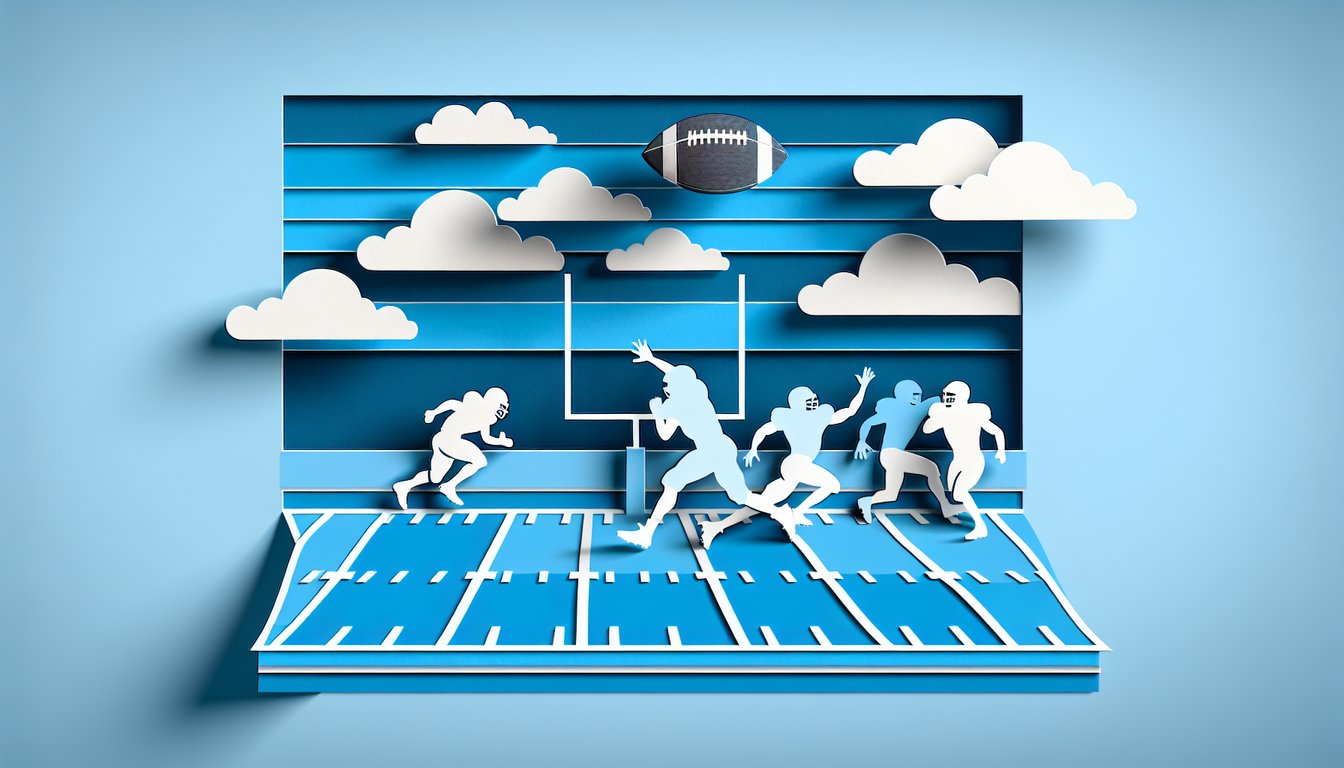 Paper art quiz with football helmet goalpost and North Carolina Tar Heels football trivia text on sky blue background