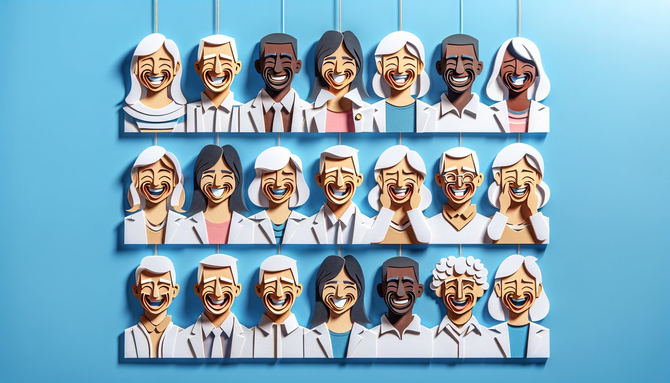 Paper art smiling faces side by side on sky blue background inviting users to test real versus fake smile detection skills
