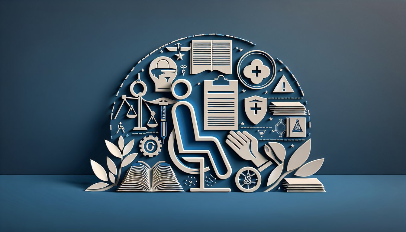 Paper art illustration with quiz icons for PTA exam practice test law ethics ADA compliance on dark blue background