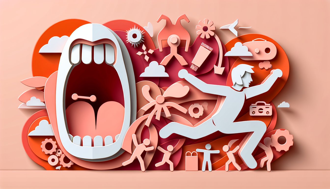 Paper art illustration for a boredom level quiz on a coral background
