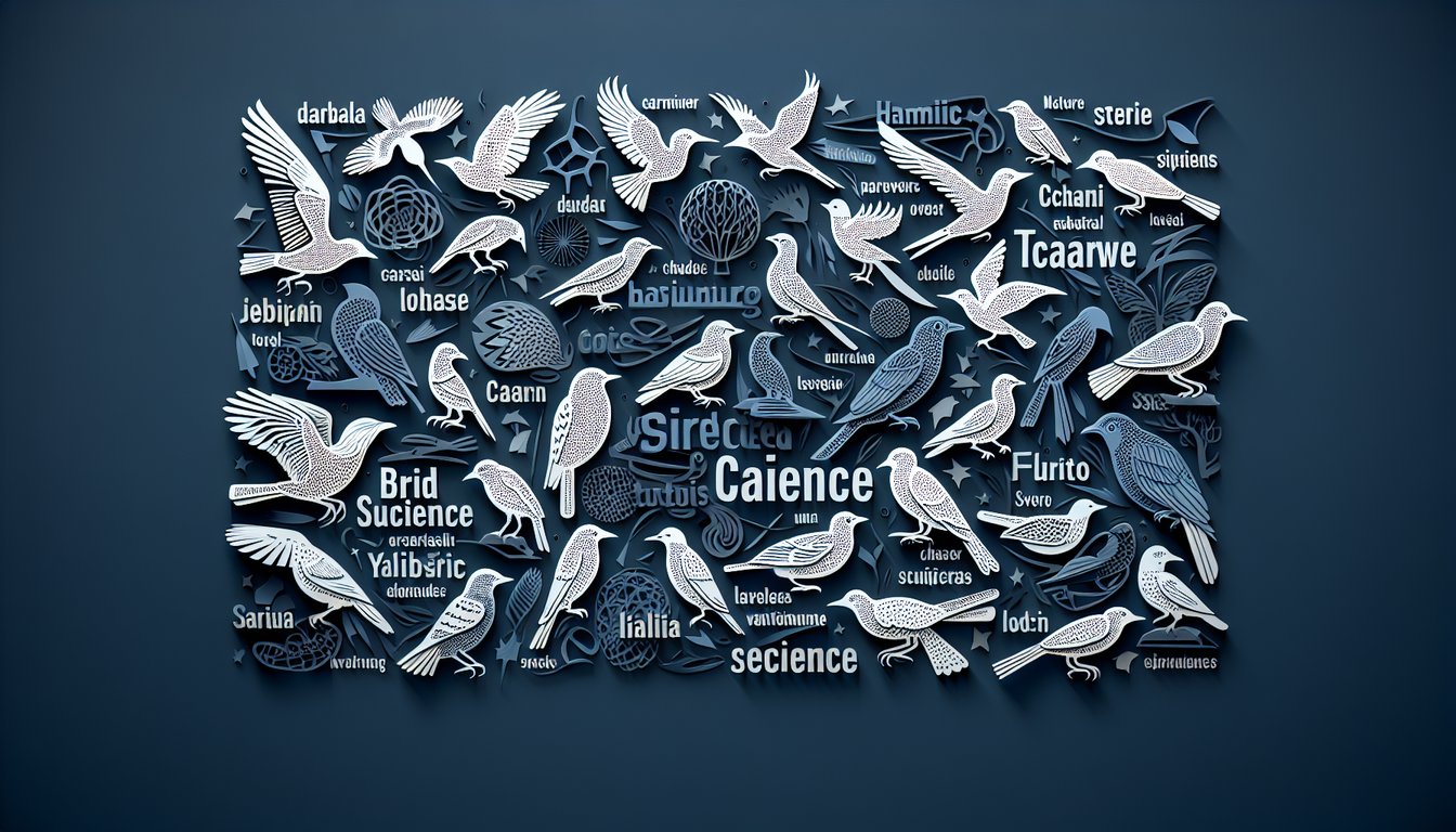 Paper art bird silhouettes and Latin species names on dark blue background for a quiz on bird science names