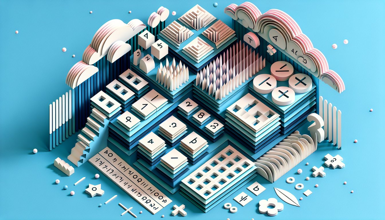 Paper art math symbols plus minus multiplication signs numbers sequence arrows on sky blue background for arithmetic quiz