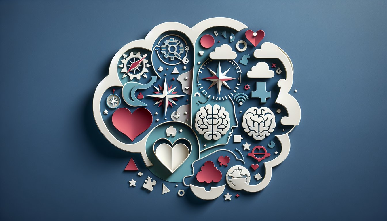 Colorful paper art layers form a human head silhouette, abstract shapes emerging on a dark blue background