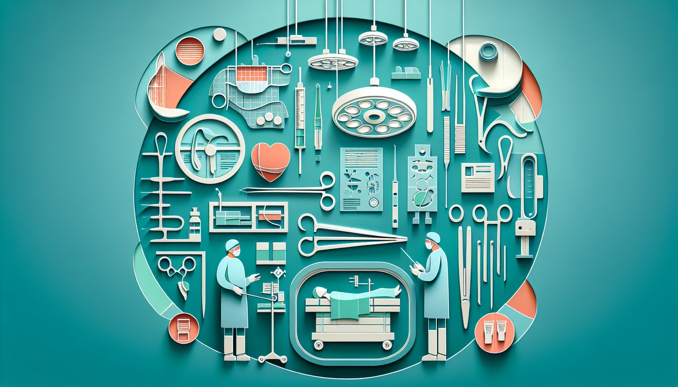 Paper art illustration for a surgical tech quiz on a teal background