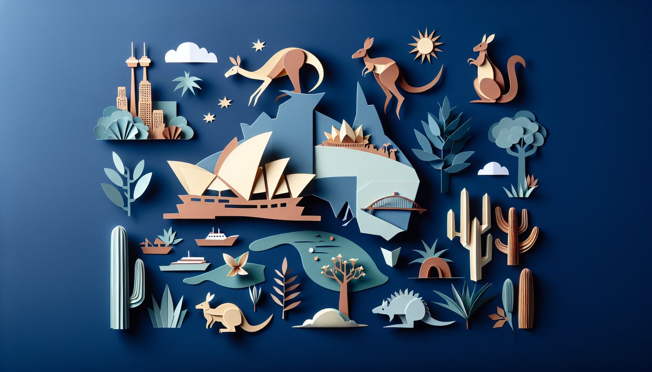 Colorful paper art depicting Australian icons for a general knowledge quiz