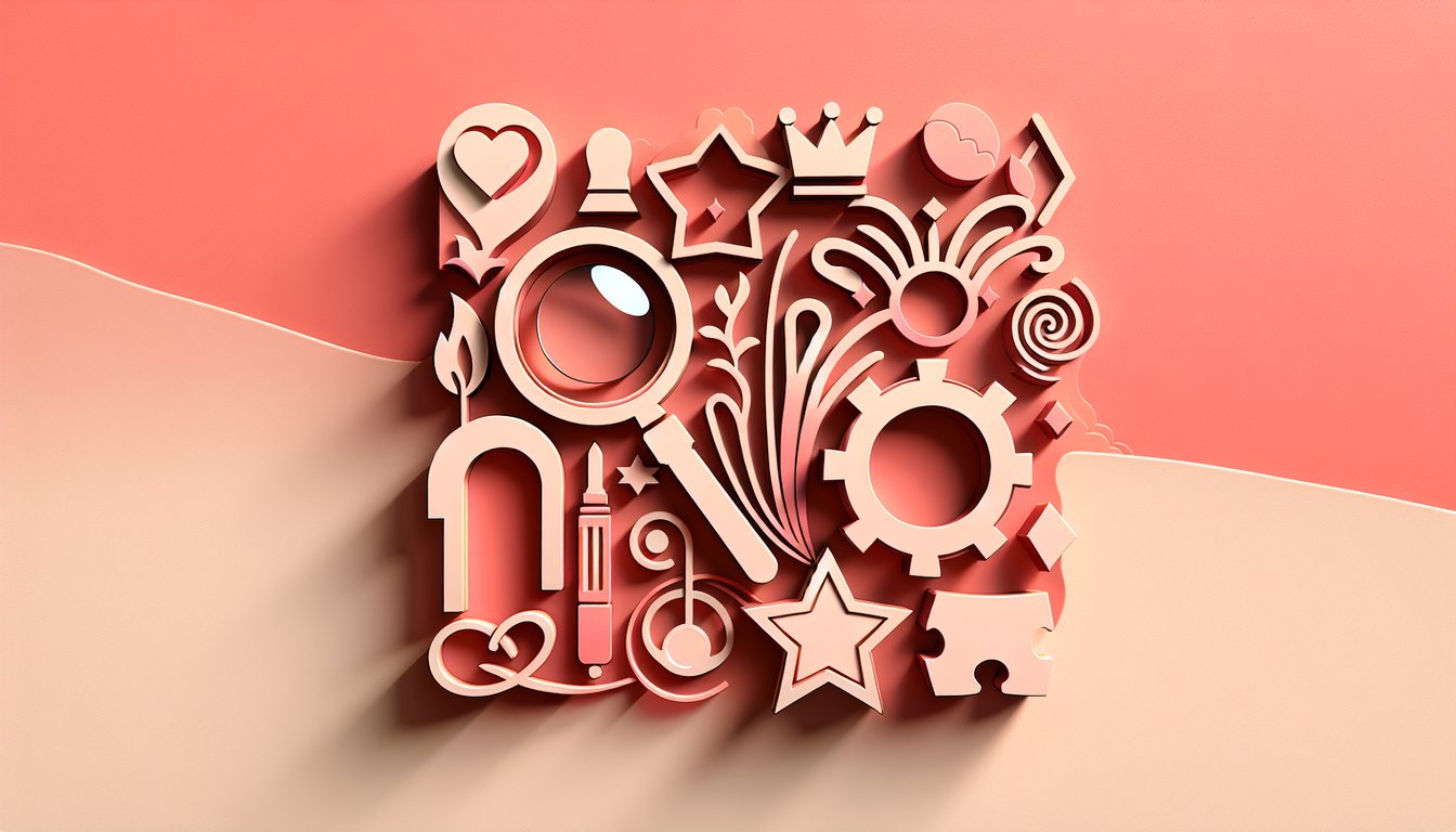 Paper art illustration of police badges gear and quiz icons on coral background