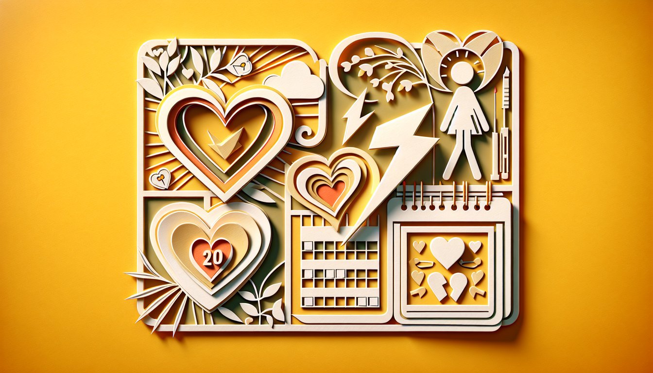 Paper art illustration for a date quiz with insights and compatibility results on a golden yellow background.