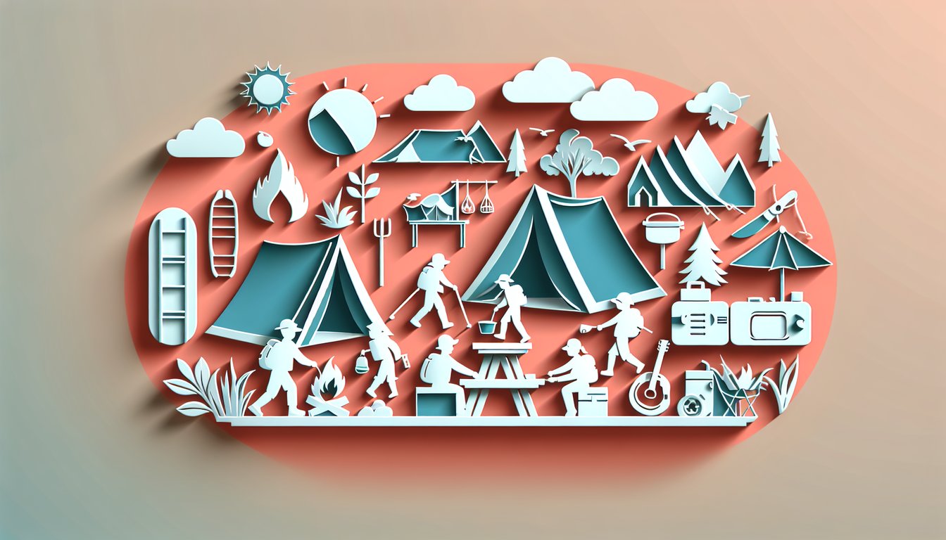 Paper art illustration of diverse campers at tents, with camp buddy character quiz text on coral background