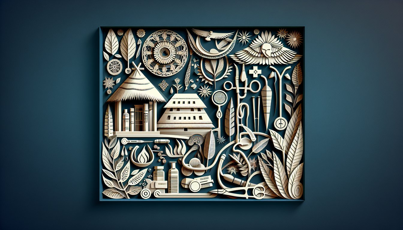 Paper art illustration of prehistoric tools herbs and bones highlighting ancient medicine quiz on dark blue background