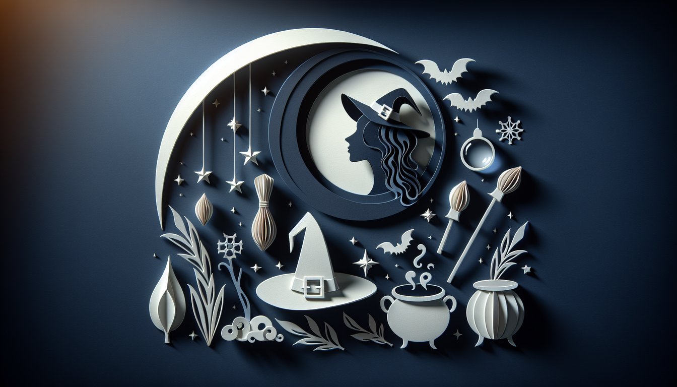 Paper art illustration of witch hats, broomsticks, potion bottles on dark blue background for Hocus Pocus alter ego quiz