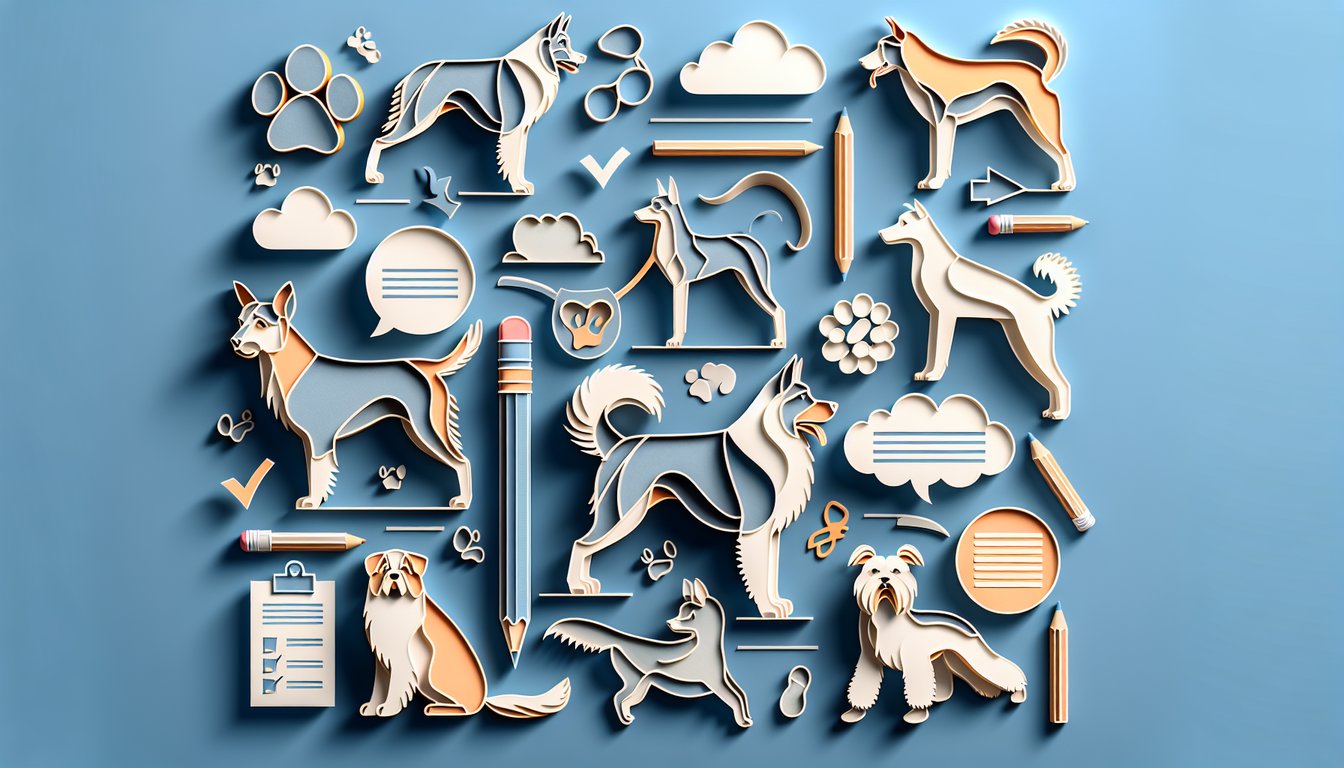 Paper art dog figures on sky blue background quiz banner with mix breed name challenge
